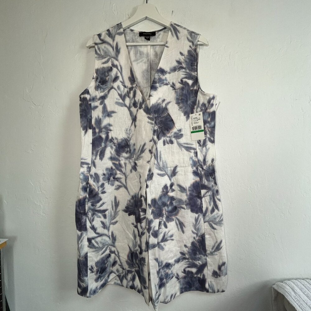 Karen Kane Womens Seaside Pleat Front Dress Large Floral Linen Sleeveless New